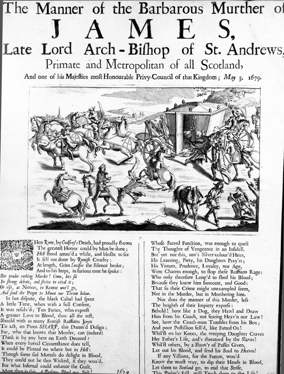 Sättet för det barbariska mordet på James, framlidne lord ärkebiskop av St. Andrews, Primate and Metropolitan of all Scotland, 1679 av English School