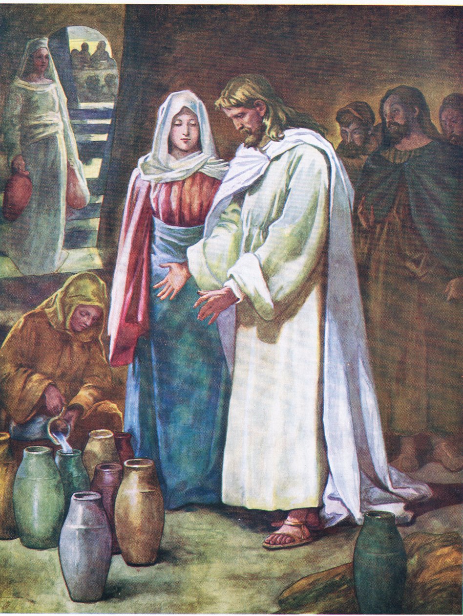Bröllopet i Kana, ur The Bible Picture Book utgiven av Thomas Nelson, ca 1950 (färglitografi) av English School