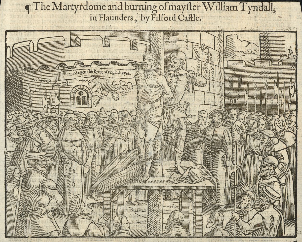 William Tyndalls martyrskap och bränning i Flaunders vid Filford Castle (gravyr) av English School