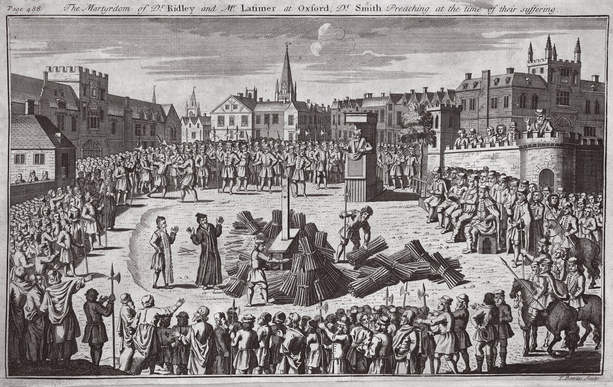 Dr Ridleys och Mr Latimers martyrskap i Oxford, Dr Smith predikade vid tiden för deras lidande, illustration från "Foxes Martyrs" ca 1703 (litografi) av English School