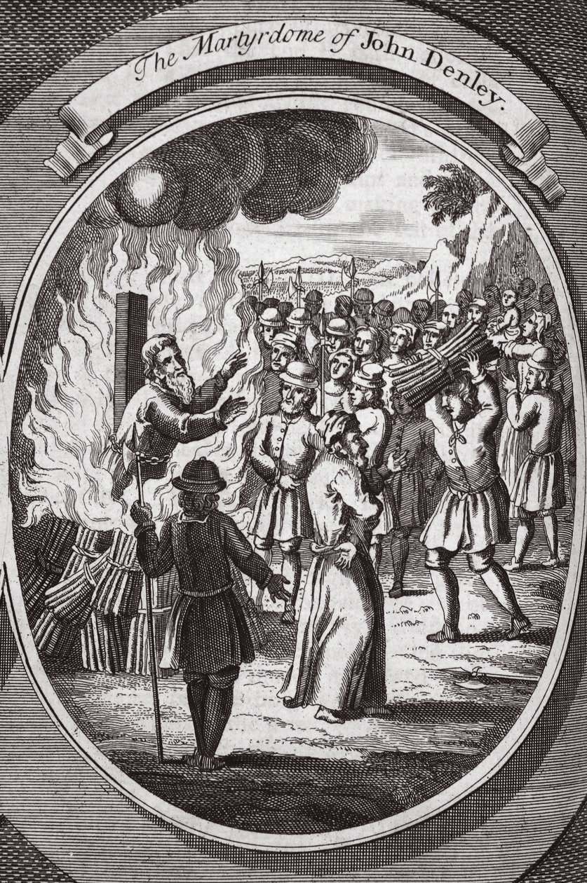 John Denleys martyrskap, illustration från "Foxes Martyrs" c.1703 (litho) av English School