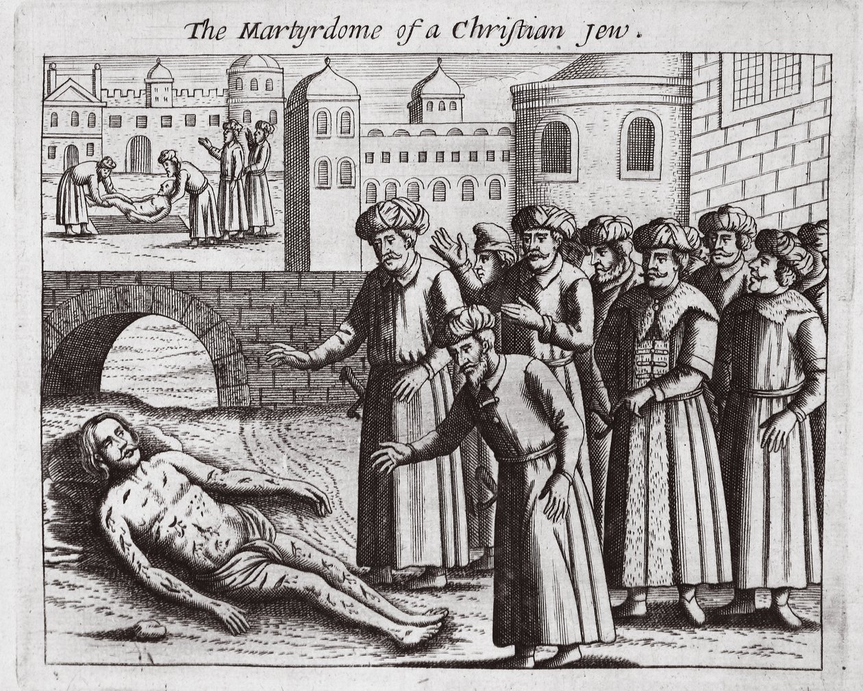 En kristen judes martyrskap, illustration från Acts and Monuments av John Foxe, nionde upplagan, pub. 1684 av English School