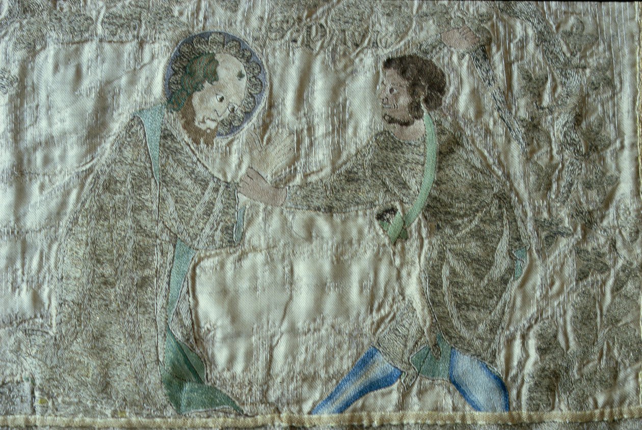 Ett helgons martyrskap, detalj från fronten av Steeple Aston Cope, ca 1340-talet (silverförgylld tråd och färgat siden på fawn sidenkypert) av English School