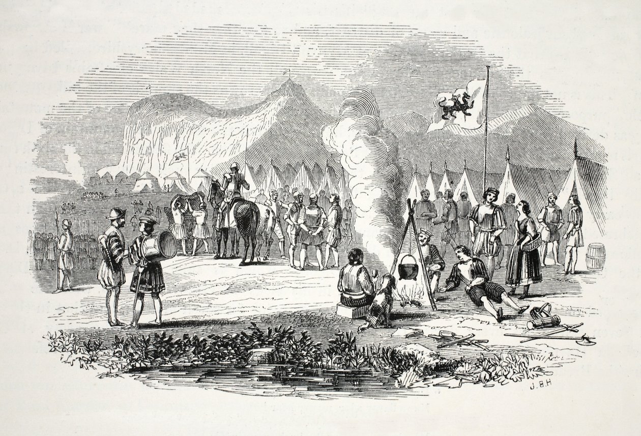 Mötet mellan North and South Wales Chieftains på Breidden Hills, på väg till Bosworth-field, pub. 1800-talet (stålgravyr) av English School