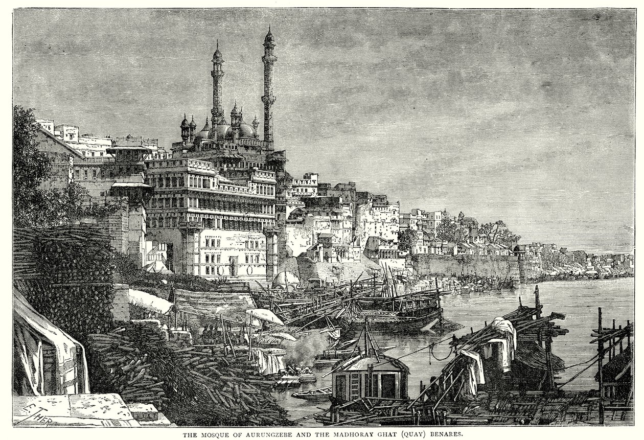 Aurungzebes moské och Madhoray ghat Benares (gravyr) av English School