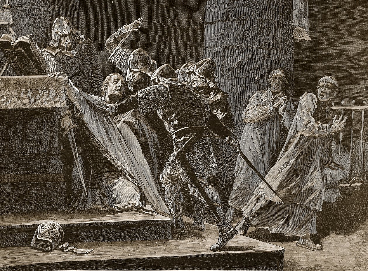 Mordet på Becket i Canterbury Cathedral, illustration från Cassells Illustrated History of England (sepiafoto) av English School