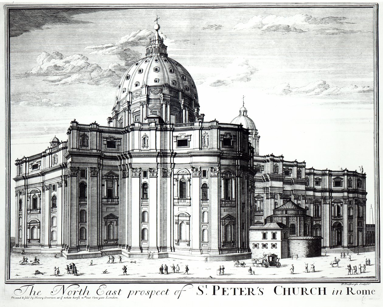 Den nordöstra utsikten av St. Peters Church, Rom, graverad av H. Hulfbergh av English School