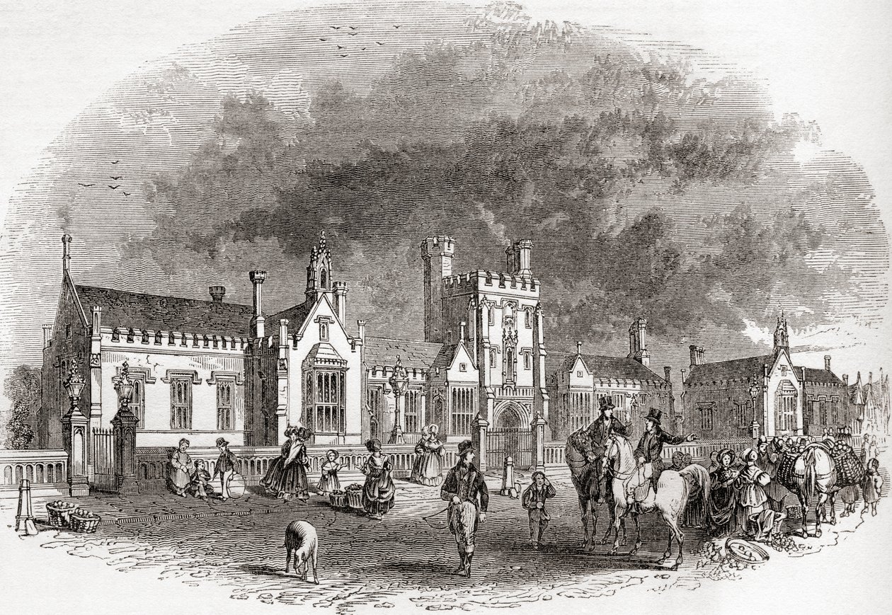 Den gamla Bedford School, som byggdes om i slutet av 1800-talet, från Old England: Ett bildmuseum, pub. 1847 av English School