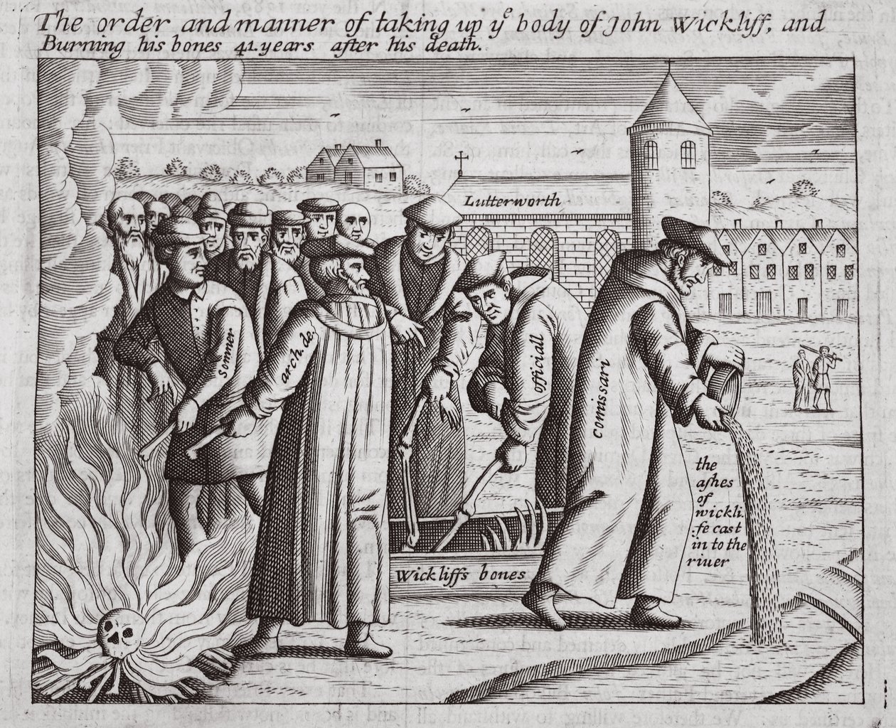 Ordningen och sättet att ta upp John Wickliffs kropp och bränna hans ben 44 år efter hans död, illustration från Acts and Monuments av John Foxe, nionde upplagan, pub. 1684 av English School
