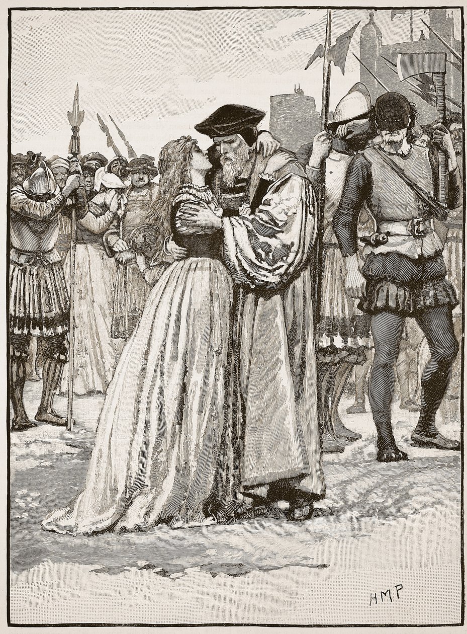 Avskedet mellan Sir Thomas More och hans dotter, illustration från Cassells Illustrated History of England (sepiafoto) av English School