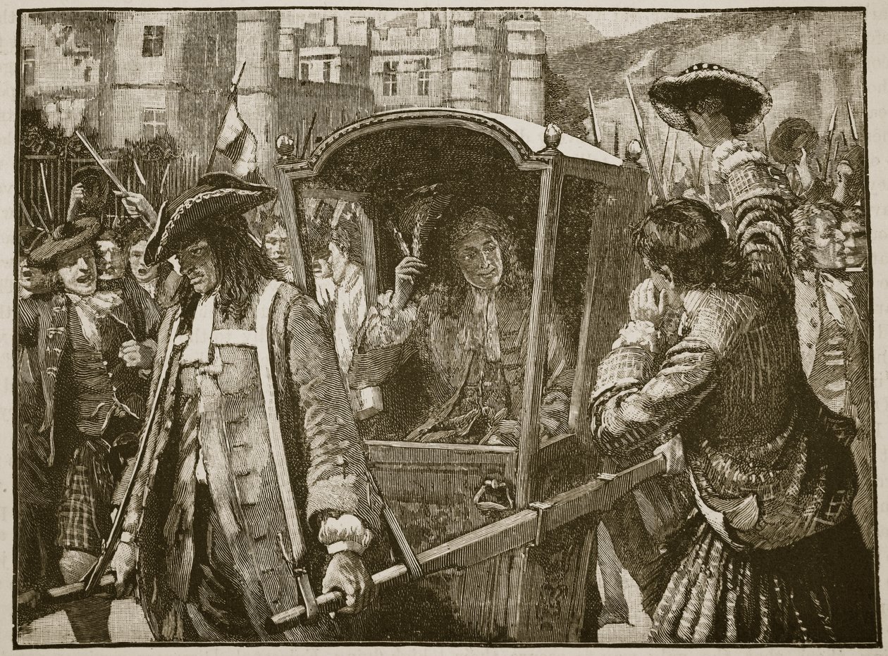 Folket i Edinburgh eskorterar hertigen av Hamilton till Holyrood Palace, illustration från Cassells Illustrated History of England (sepiafoto) av English School