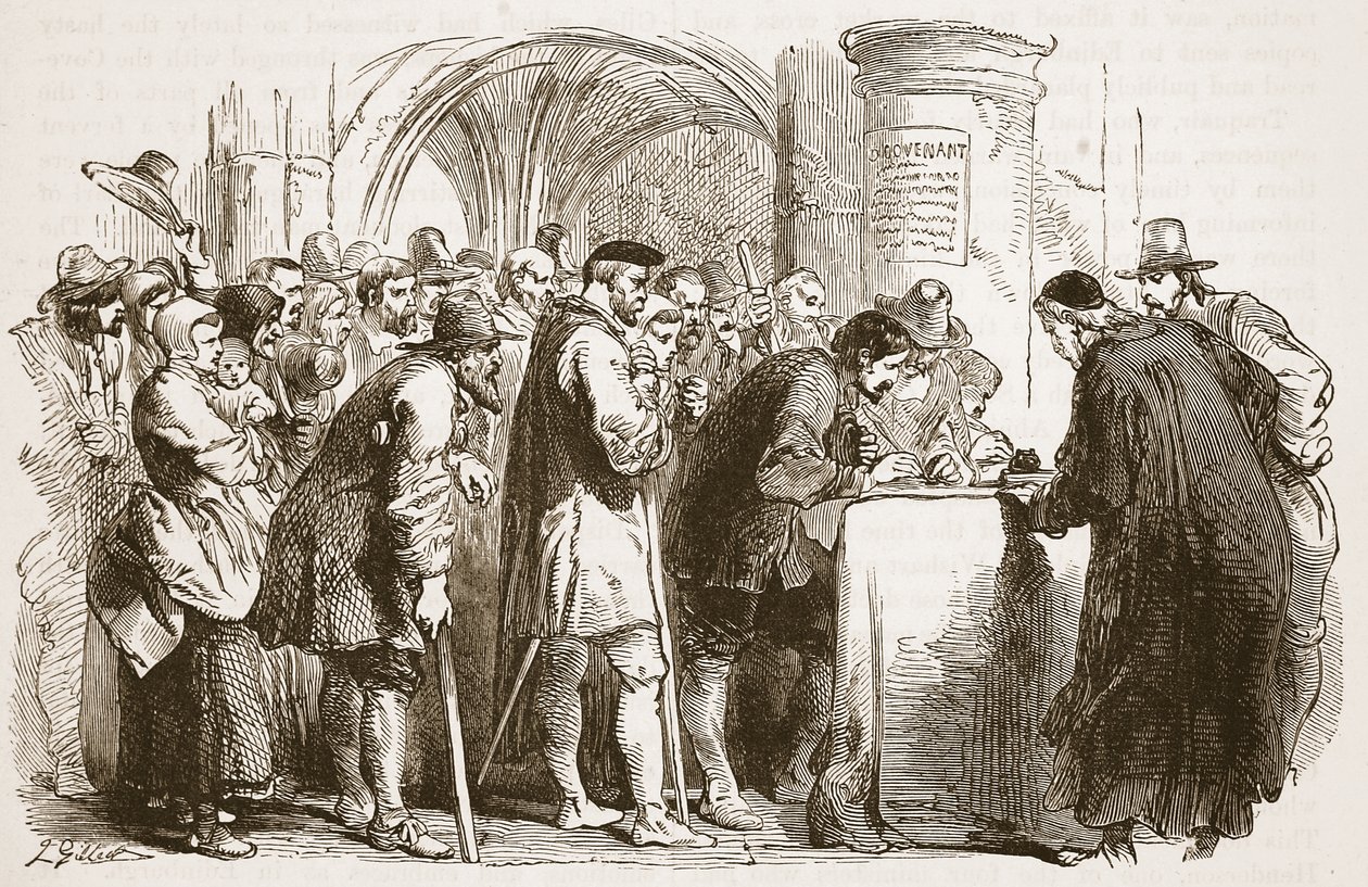 Människorna som undertecknar förbundet i St. Giles kyrka, Edinburgh, illustration från Cassells Illustrated History of England (sepiafoto) av English School
