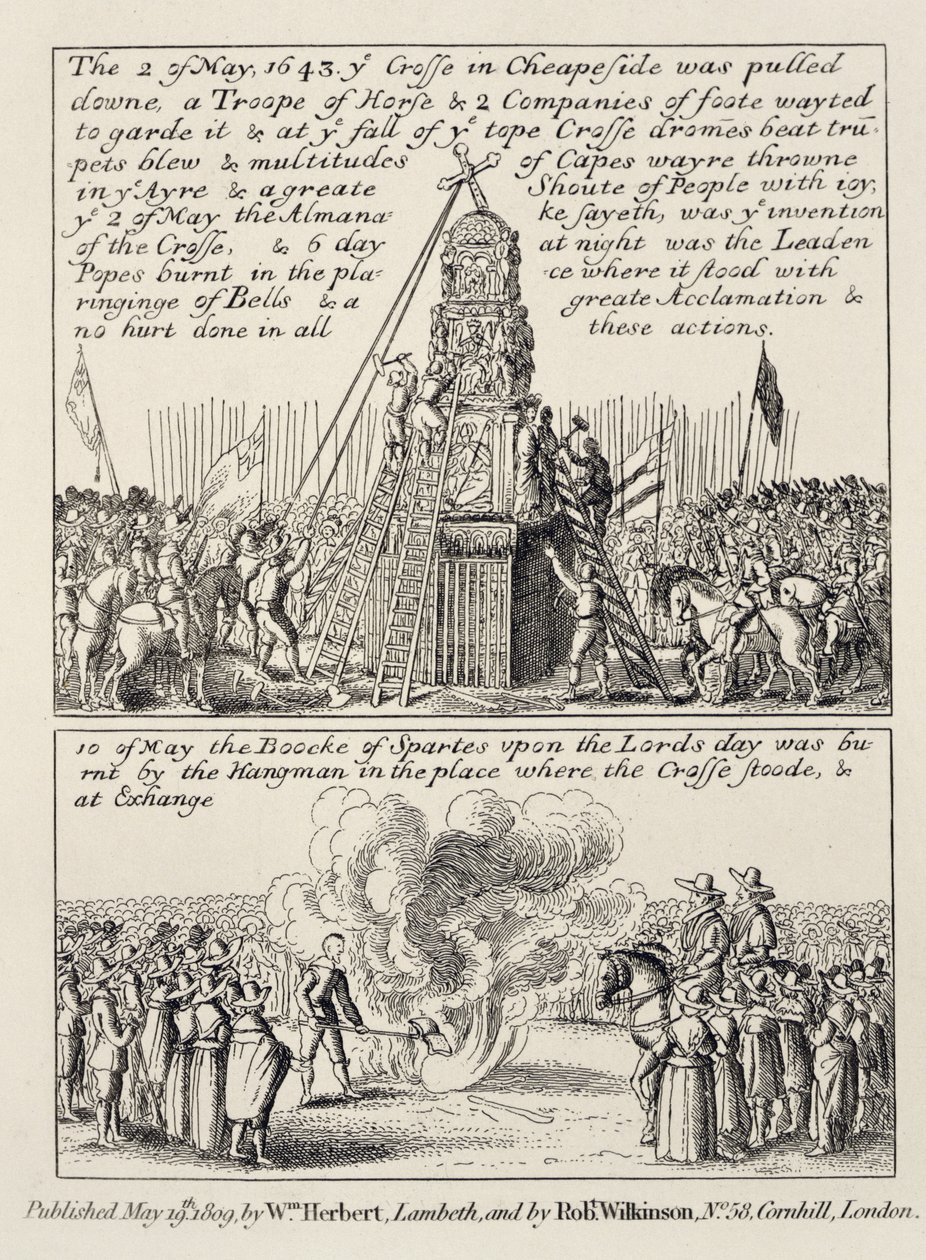 Neddragningen av Cheapside Cross av ikonoklaster och puritaner, och brännandet av Book of Sports vid samma sport följande söndag i maj 1643, 1809 av English School