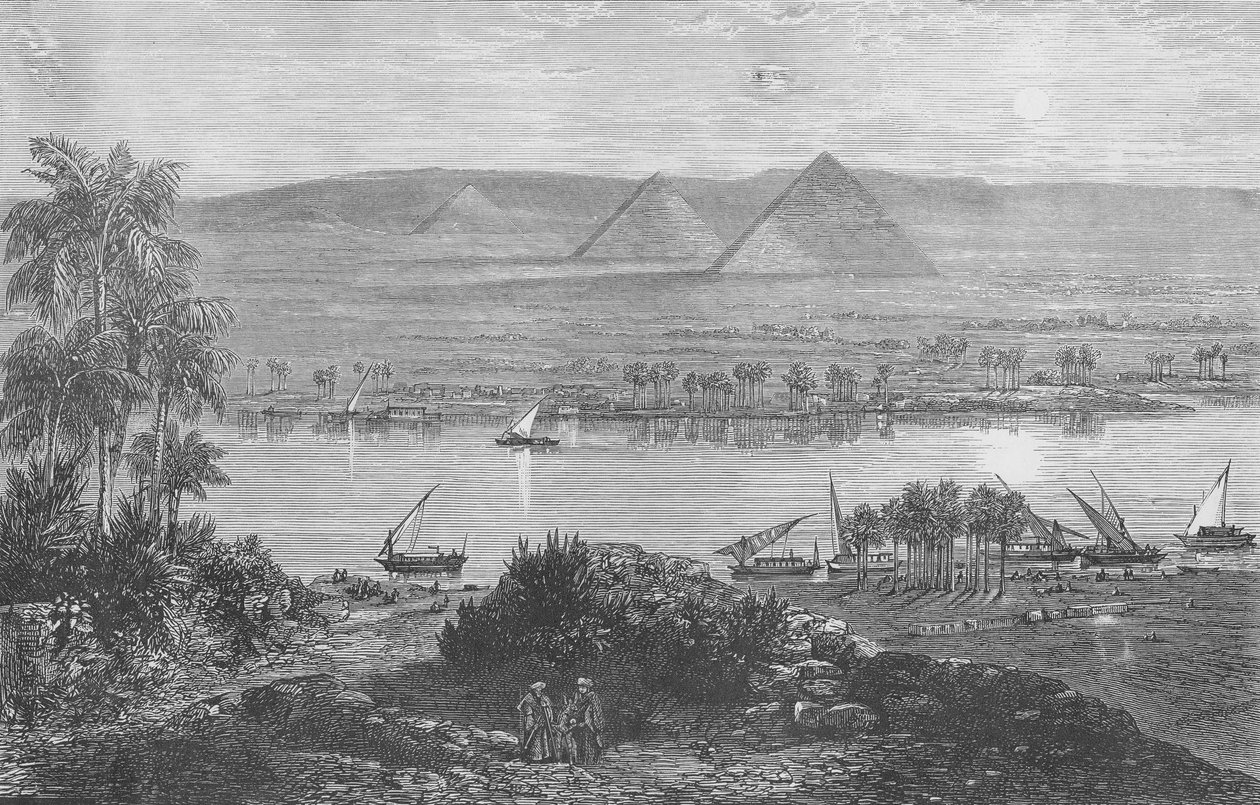 Pyramiderna i Gizeh, från Nilens östra strand av English School