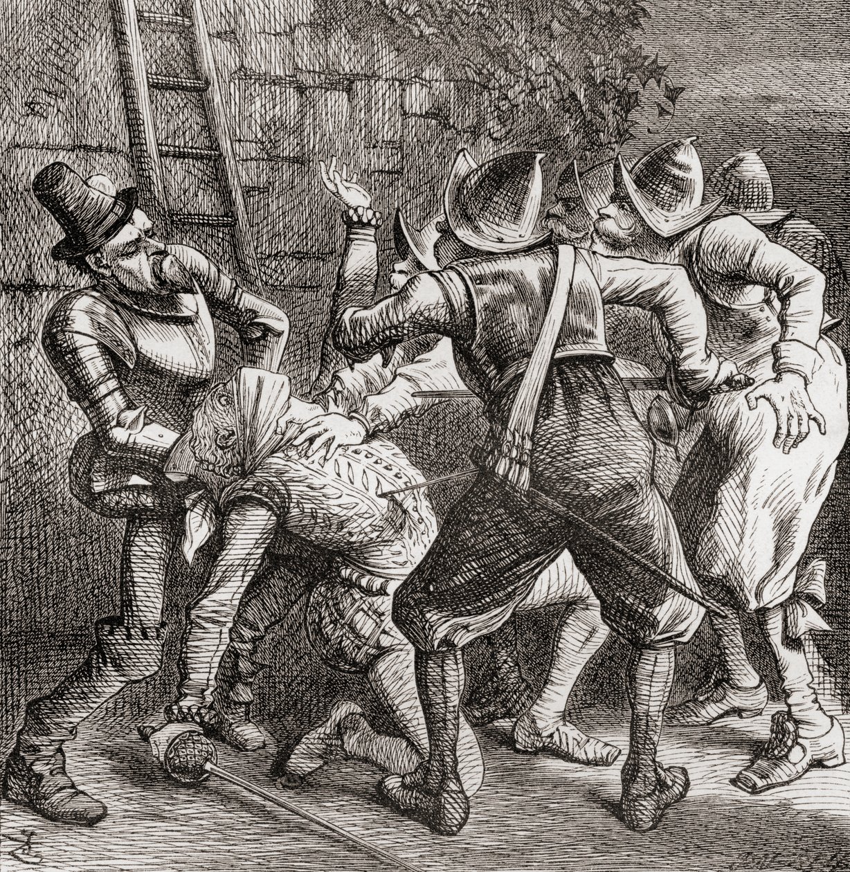 "The rest of the rascals jumped on him and Burked him", illustration efter J. Tenniel till dikten "The Tragedy", från "The Ingoldsby Legends or Mirth and Marvels", av Thomas Ingoldsby, utgiven 1865 (litografi) av English School