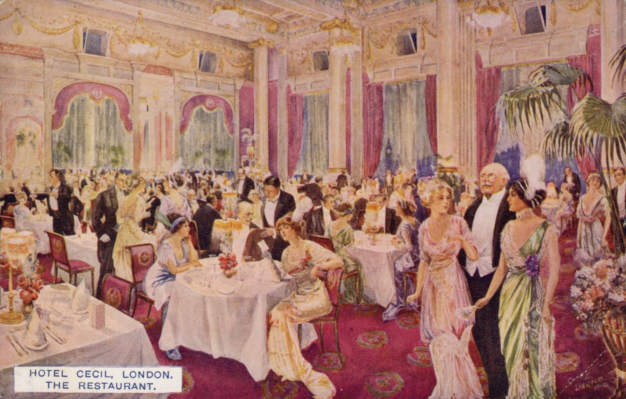 Restaurangen, Hotel Cecil, London (färglitografi) av English School