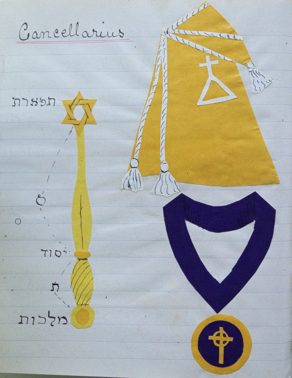 Klädseln (med ordenssymbolen) och regalierna av sekreteraren (Cancellarius) av den hermetiska orden av den gyllene gryningen, ca 1895 (collage) (se även 212698) av English School