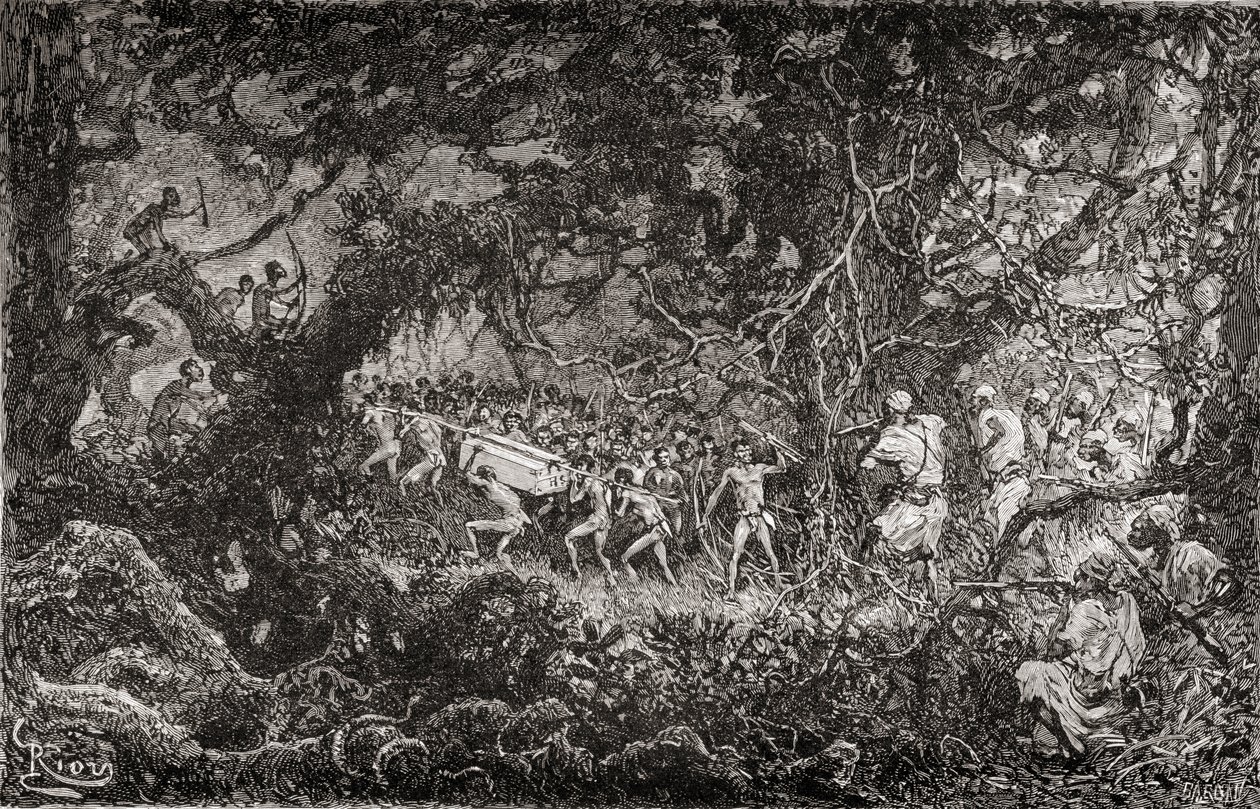 Spejarna på Sir Henry Morton Stanleys Emin Pasha Relief Expedition, i Afrika 1888, upptäcker pygméer som bär iväg en låda med ammunition, publ. 1890 av English School