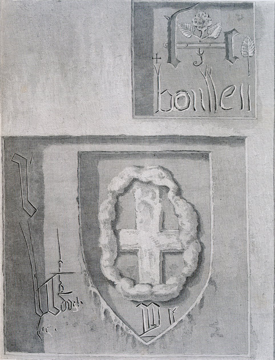 Signaturen av Anne Boleyn med Tudor Rose under hennes fängelse i Towern i London och en annan fånge ristade av ett kors, 1815 av English School