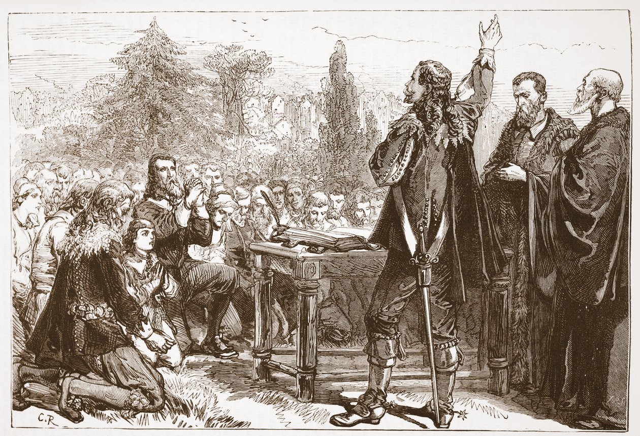 Svordomen och prenumerationen av National Covenant i Greyfriars Churchyard, Edinburgh, illustration från The History of Protestantism av James Aitken Wylie (1808-1890), pub. 1878 av English School
