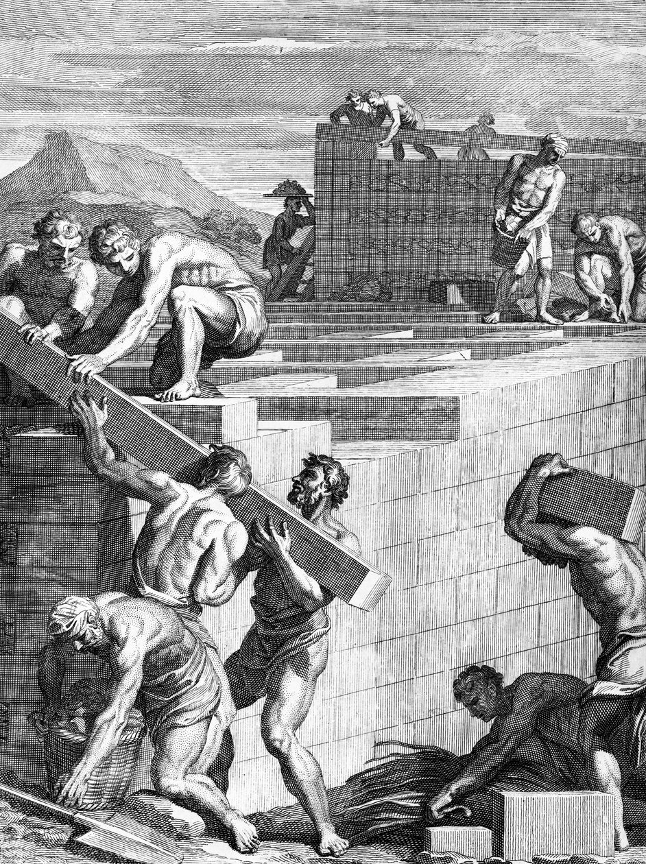 Murarna i städer bland gallerna är byggda av alternativa banor av stenar och bjälkar, graverade av Cornelis Huyberts, illustration till Caesars Commentaries översatt till engelska av William Duncan, av English School
