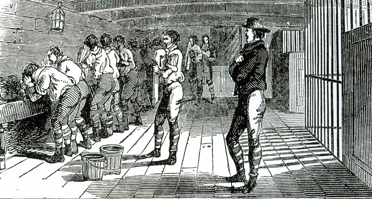Tvättrummet under däck - fördömda fackföreningsmedlemmar som transporteras till Australien, illustrerad i The Martyrs of Tolpuddle, publicerad av Trades Union Congress, 1834 av English School