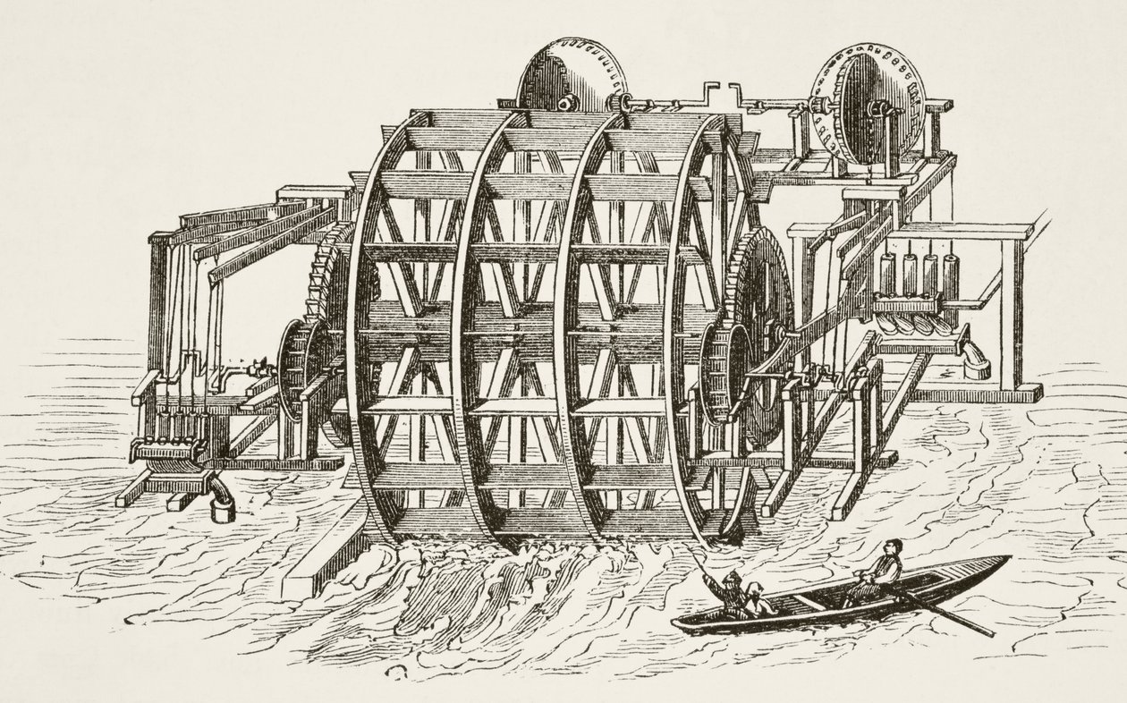 London Bridges vattenverk, som först uppfördes 1582, från The National and Domestic History of England av William Hickman Smith Aubrey (1858-1916) publicerad London, ca 1890 av English School