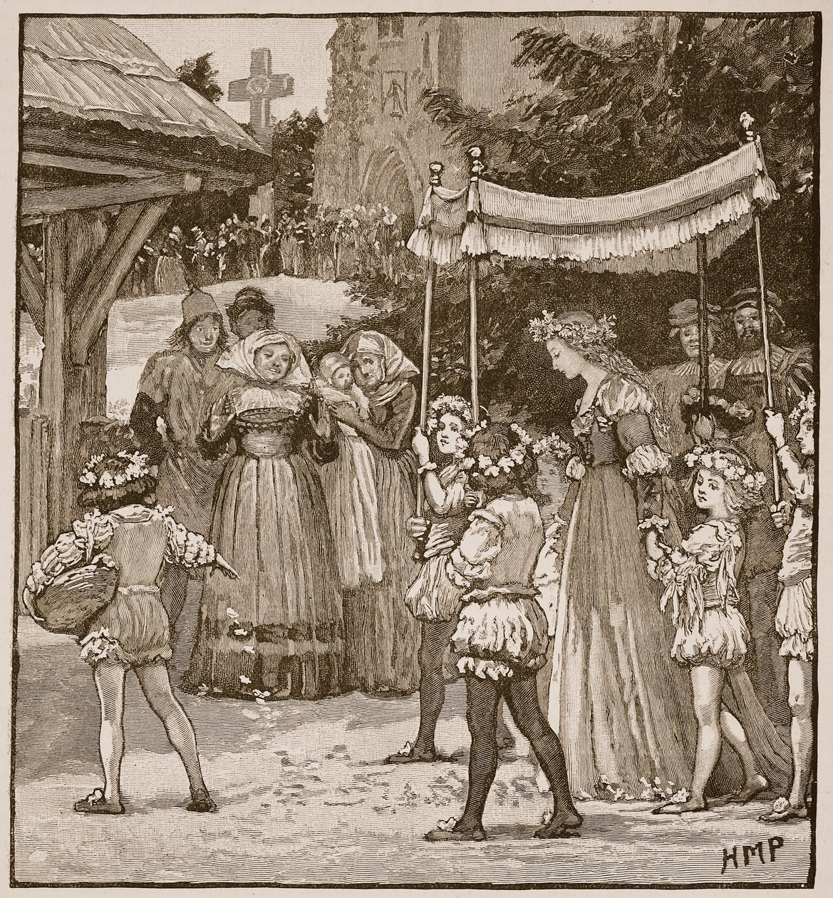 Bröllopet till Jack of Newbury: the Brides procession, illustration från Cassells Illustrated History of England (sepiafoto) av English School