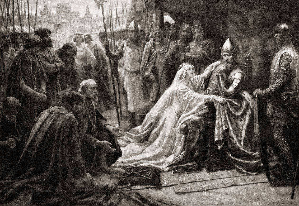 Hustrun till kung Edward III, drottning Philippa av Hainault, går i förbön inför sin man för att be att livet på de sju borgarna i Calais ska skonas (tryck) av English School