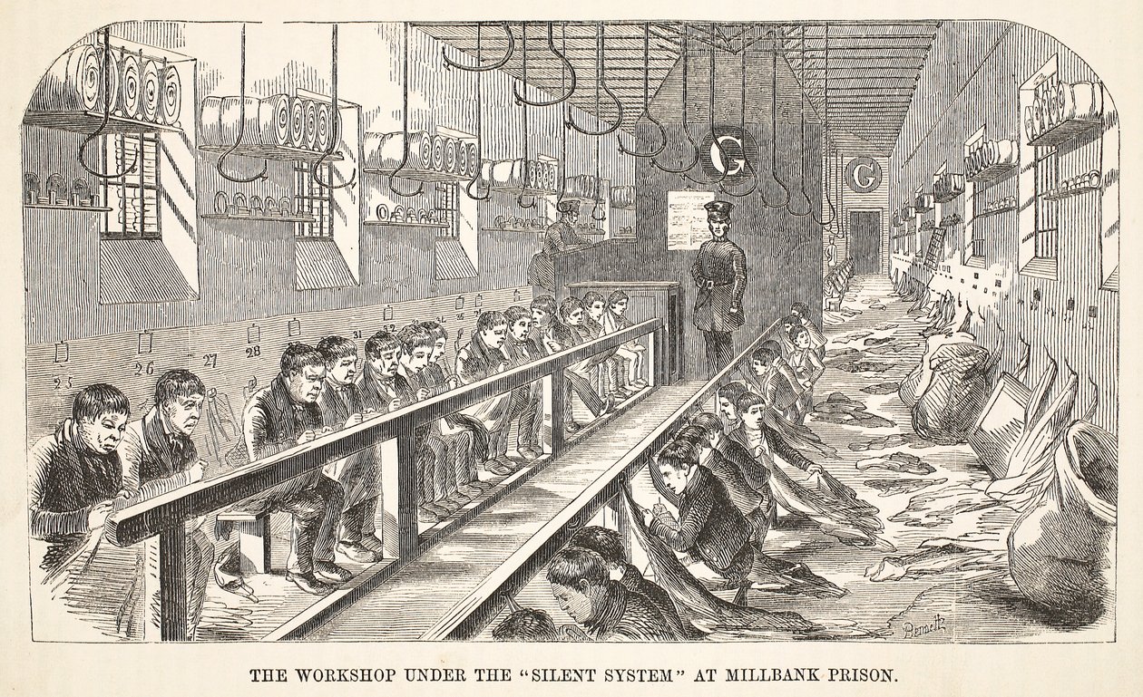 Workshopen under det tysta systemet i Millbank Prison, illustration från The Criminal Prisons of London och Scenes from Prison Life av Henry Mayhew och John Binny, pub. 1862 av English School