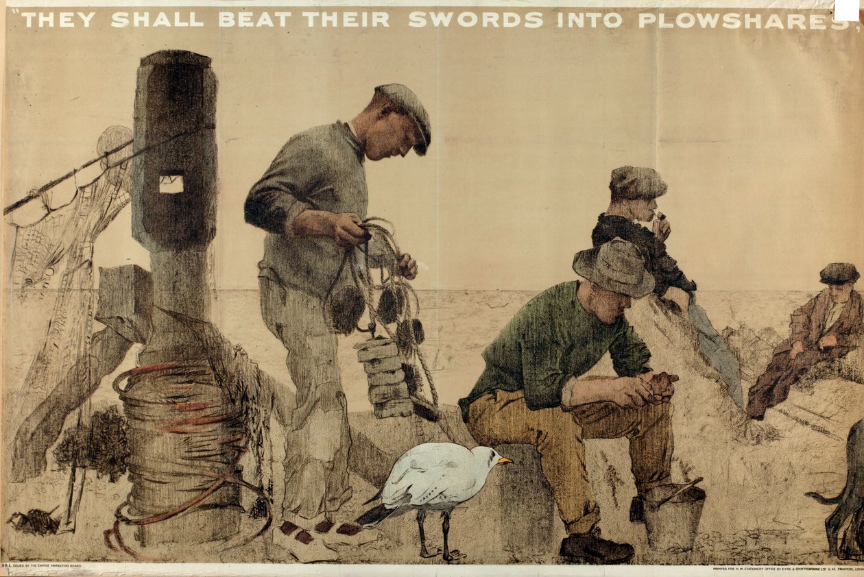 De ska slå sina svärd till plogbillar, från serien "The Empire Stands for Peace" (färg litho) av English School