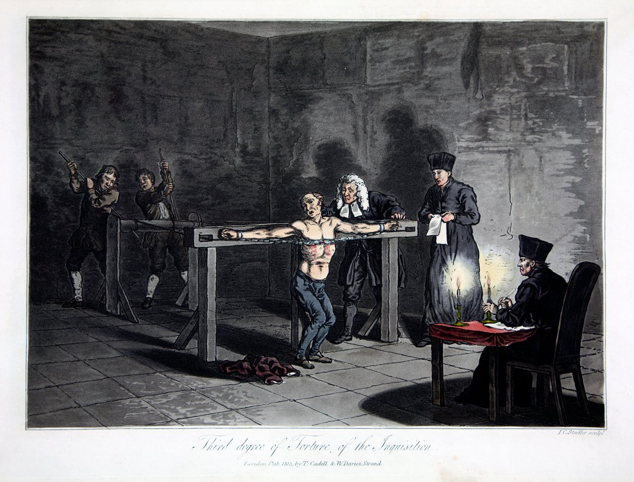 Inkvisitionens tredje grad av tortyr, graverad av L.C. Stadler, pub. av Cadell & Davies, London, ca 1813 (färgad gravyr) av English School