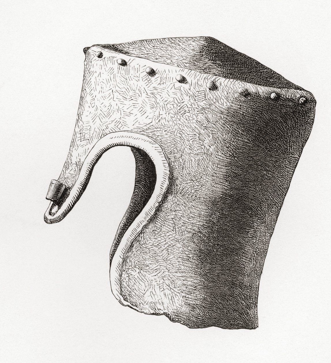 Trettonde århundradet Cylindrical Flat-topped Helmet with Nasal, grävd upp vid Montgomery Castle 1841, från The British Army: Its Origins, Progress and Equipment, publicerad 1868. av English School