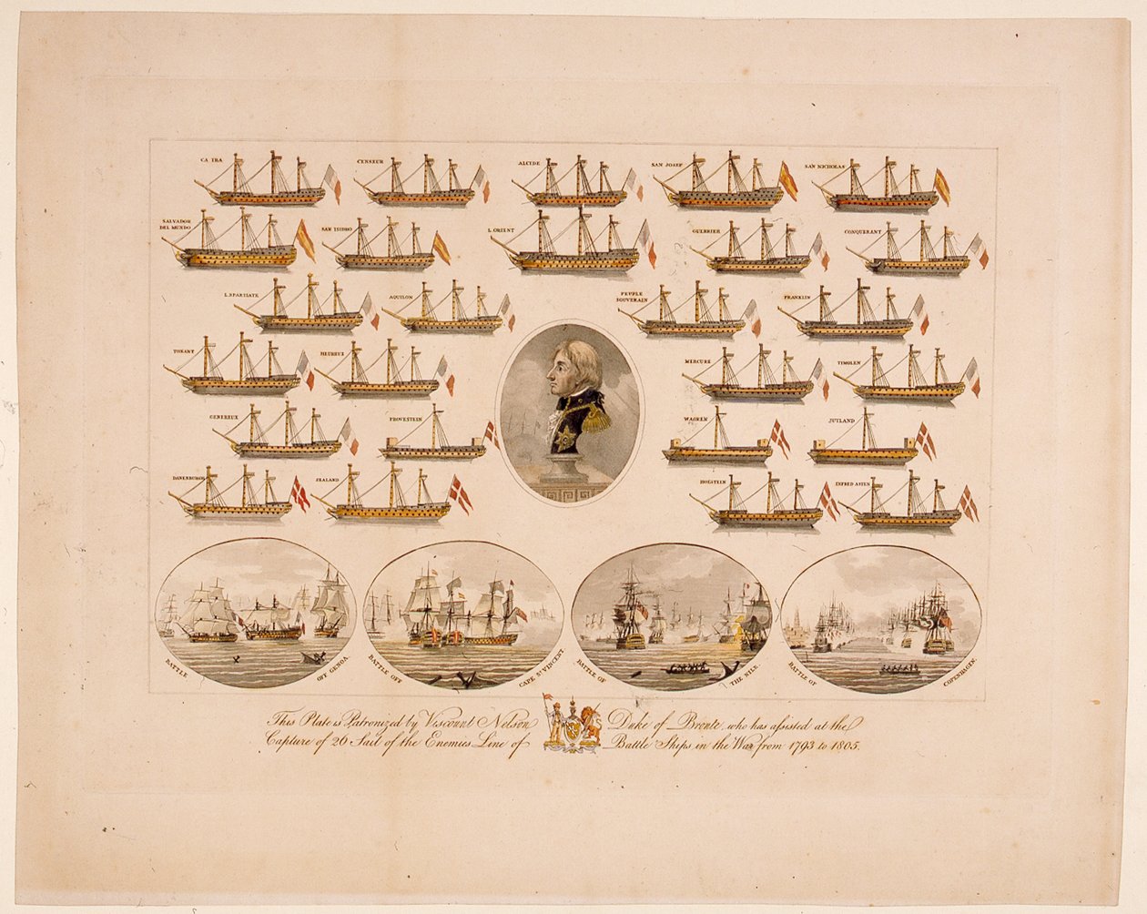 Denna skylt är beskyddad av Viscount Nelson Duke of Bronte som har assisterat vid infångandet av 26 Segel av Enemies Line of Battle Ships i kriget från 1793 till 1805 (färgad gravyr) av English School