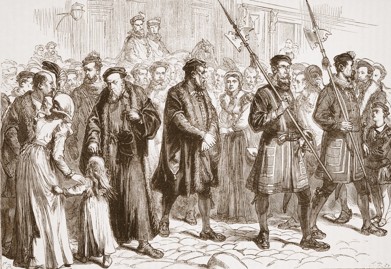 Thomas Bilney på väg till pålen, illustration från "The History of Protestantism" av James Aitken Wylie (1808-1890), pub. 1878 (gravyr) av English School