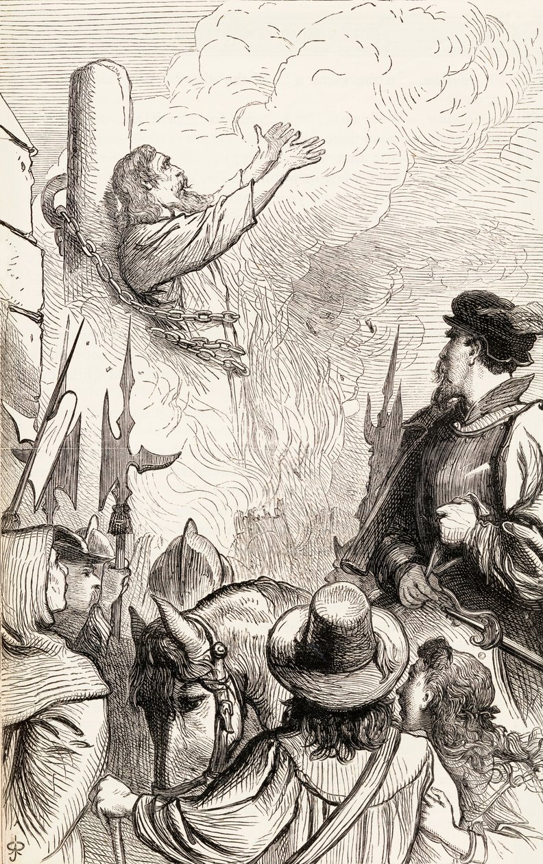 Thomas Hawkes brändes på bål under Marianförföljelserna, ca 1865 (trästick) av English School