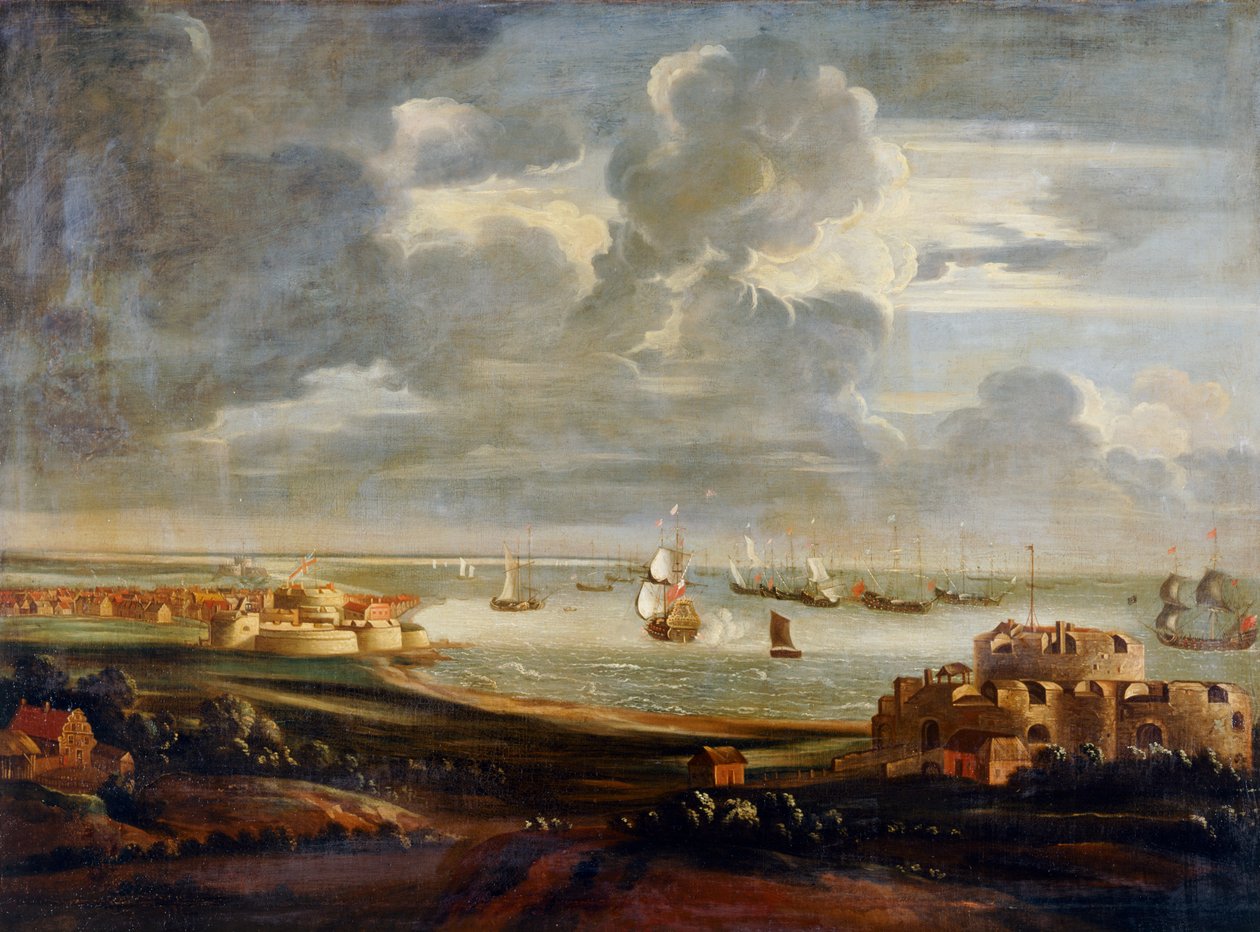 Three Castle in the Downs (olja på duk) av English School