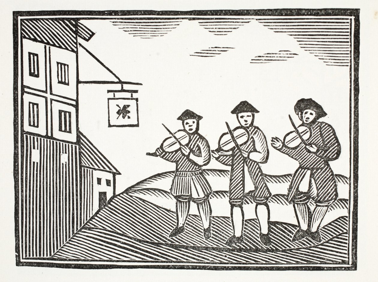 Three Fidlers in Thames Street, som spelade upp en brudgum på morgonen, som inte gav dem något att dricka, illustration från Chap-books of the Eighteenth Century av John Ashton, pub. 1882 av English School