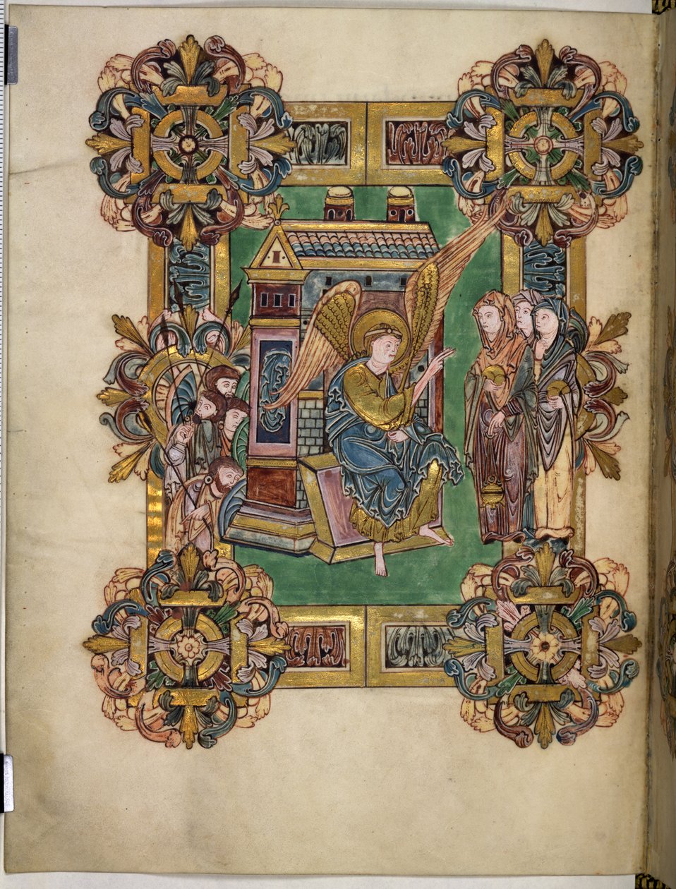 Three Maries at the Sepulchre, från The Benedictional of St Æthelwold, c.963-984 (bläck & guld på pergament) av English School