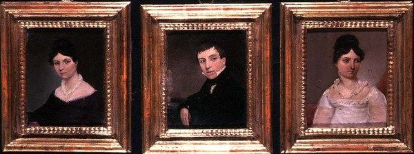 Tre porträtt av en bror och två systrar i regensklänning, ca 1825 (olja ombord) av English School