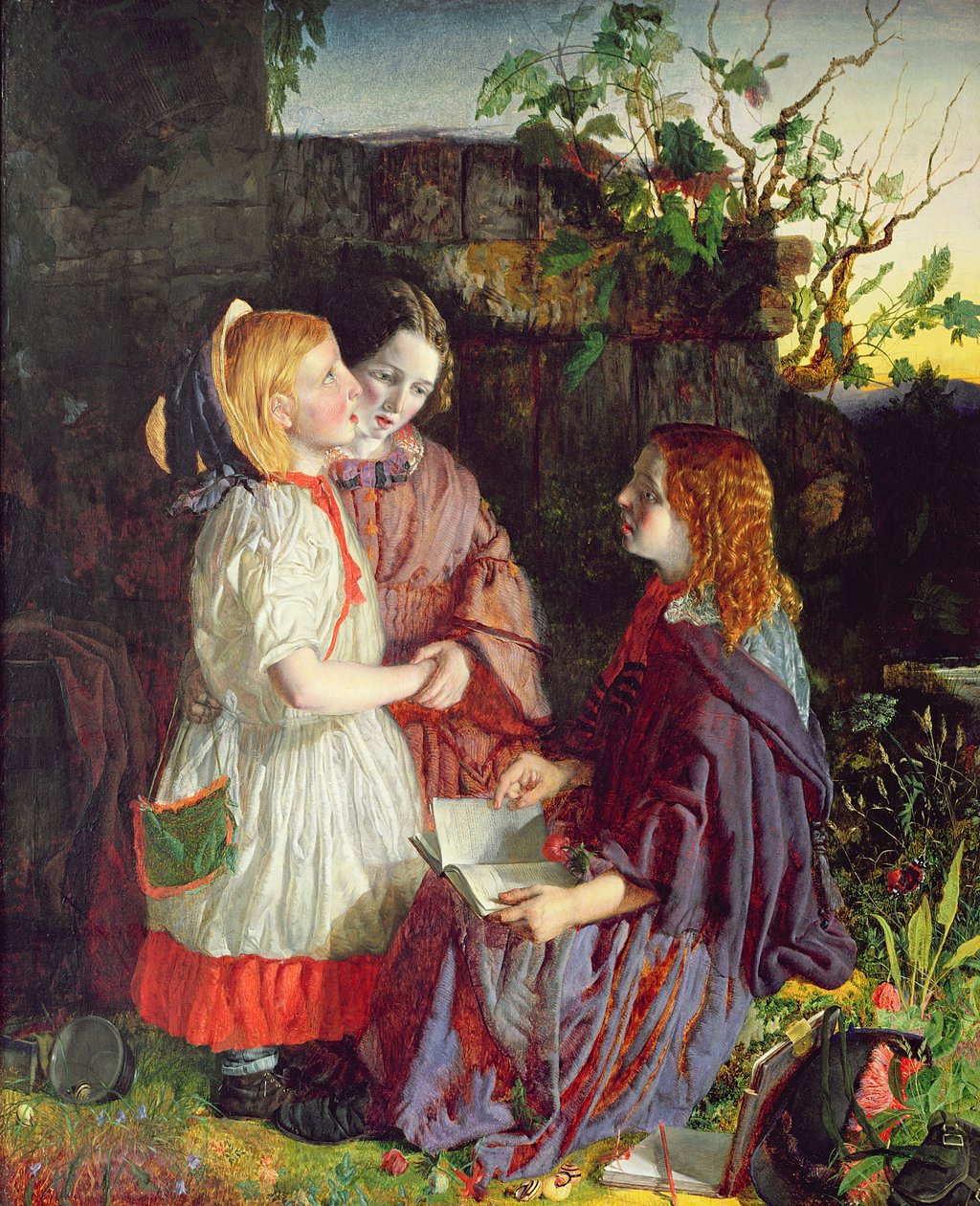 Tre unga flickor i ett landskap, ca 1860 av English School