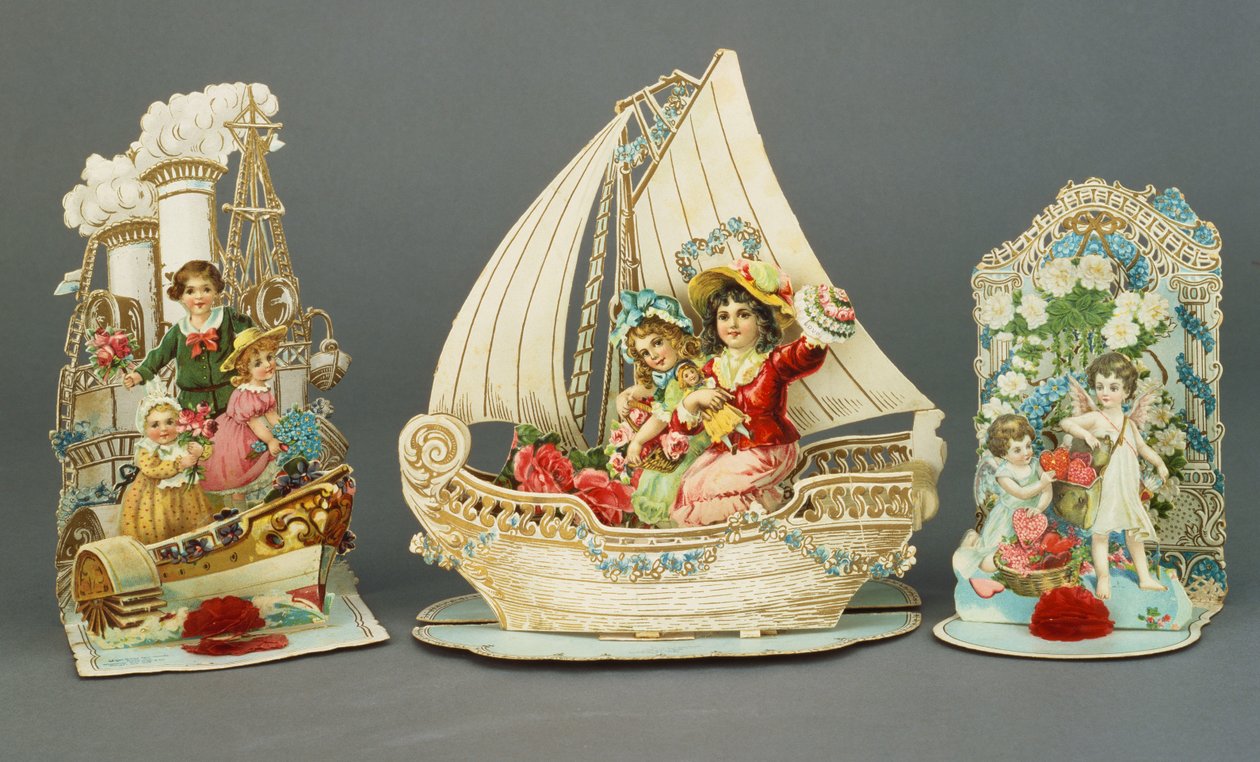 Tre pop-up kromolitografiska Valentine-kort, ca 1880-90 av English School