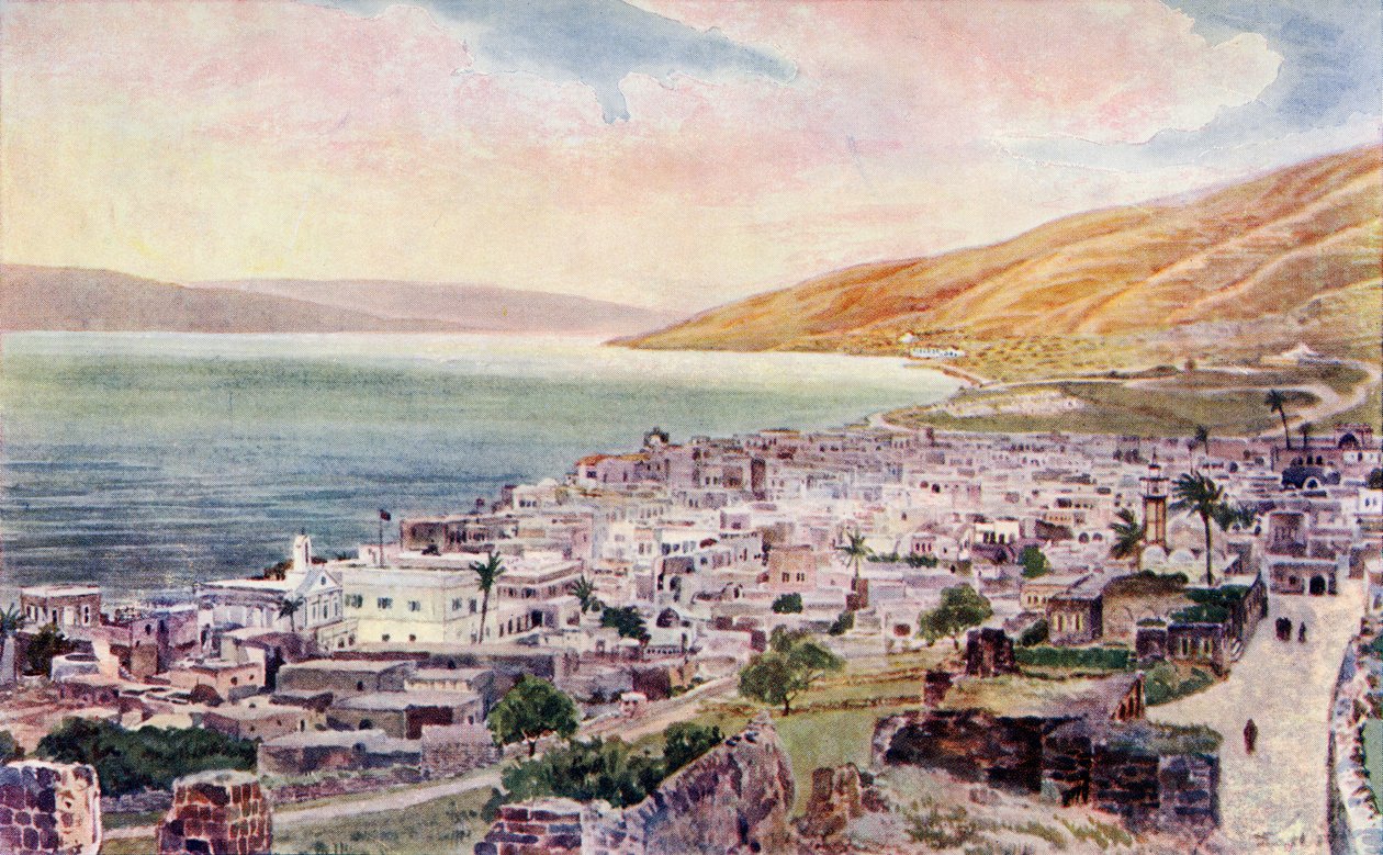 Tiberius och Galileiska sjön, Israel, ca 1910 (färg litho) av English School