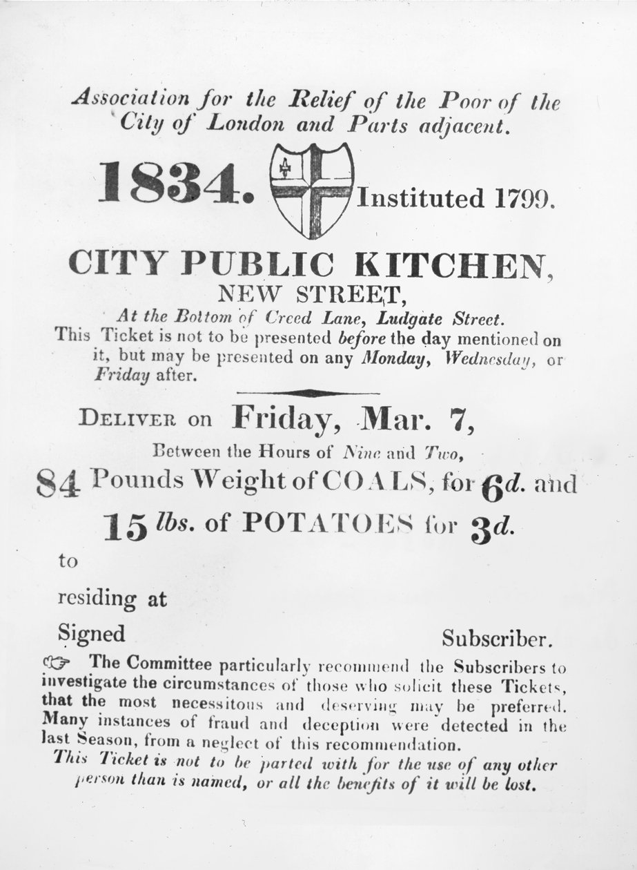 Biljett utfärdad till de fattiga för att ta emot kol och potatis från City Public Kitchen, New Street, London, 1834 av English School
