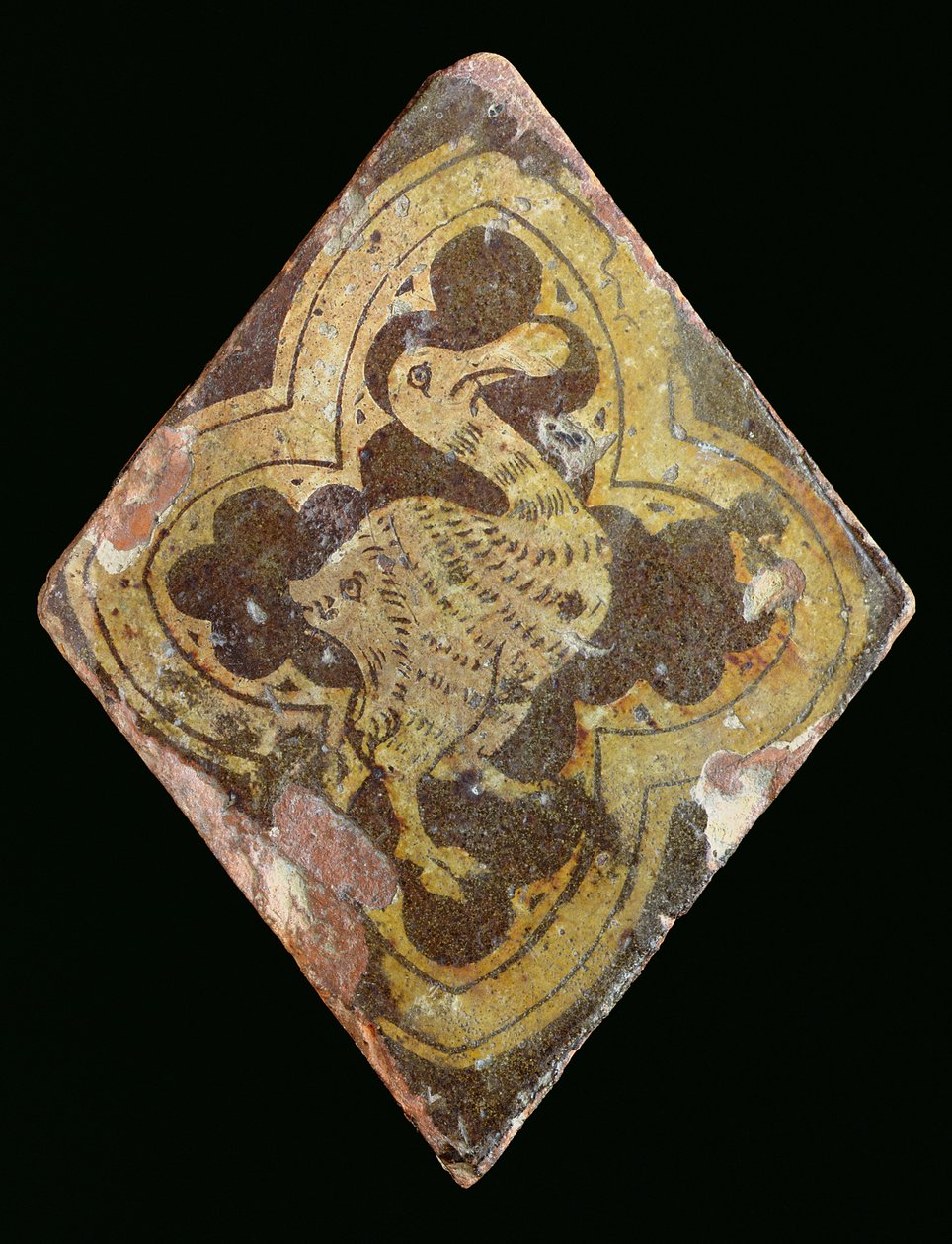 Kakel som föreställer ett mytiskt odjur, som tros vara från Hailes Abbey, Gloucestershire, tidigt 1300-tal (lergods) av English School