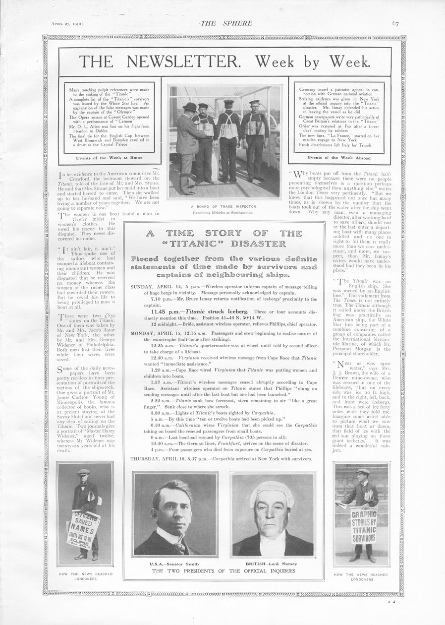 Tidslinje för händelser och artiklar om Titanics förlisning, från The Sphere, 27 april 1912 av English School