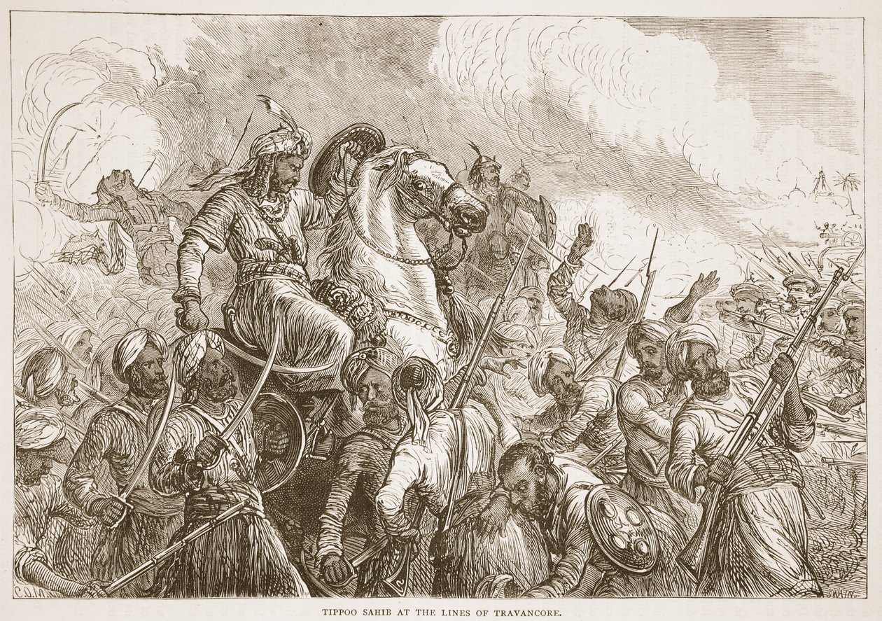 Tippoo Sahib vid linjerna av Travancore, illustration från Cassells Illustrated History of India av James Grant, pub. 1879 av English School