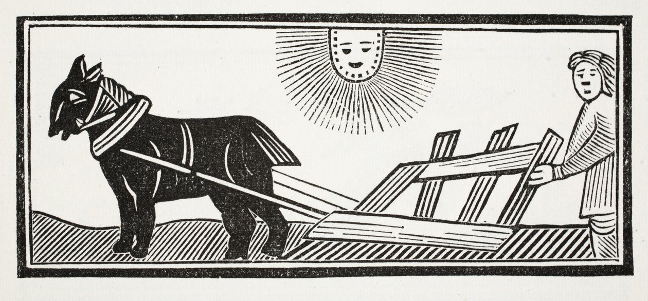 Detta är en plog som bryter upp jordens tarmar för sådd av majs, illustration från Chap-books of the Eighteenth Century av John Ashton, pub. 1882 av English School