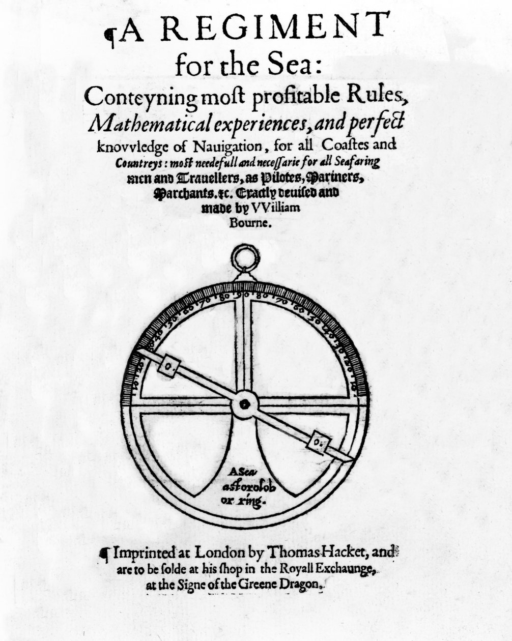 Titelsida för A Regiment for the Sea, av William Bourne, publicerad c.1574 (boktryck och gravyr) av English School