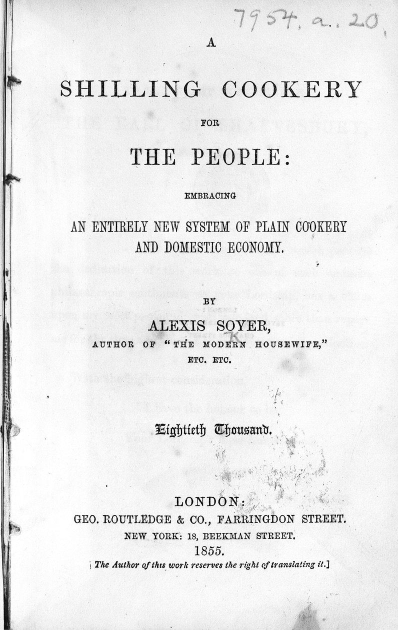 Titelsida för A Shilling Cookery for The People av Alexis Soyer, publicerad 1855 (tryckt papper) av English School